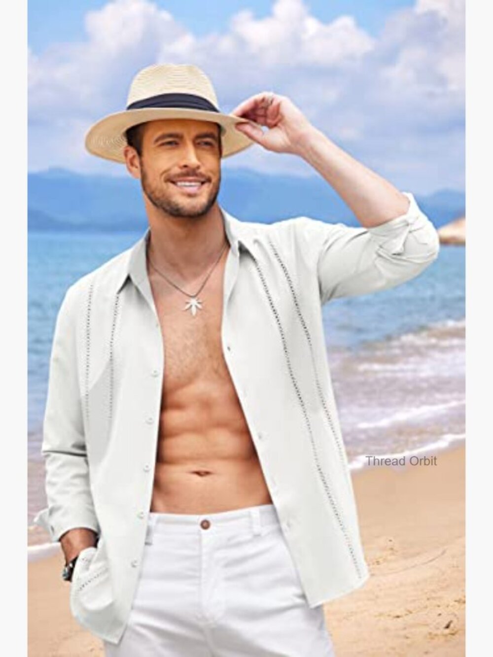 Men's Cuban Guayabera Shirt Long Sleeve Button Down Summer Beach Casual - Picture 2 of 7